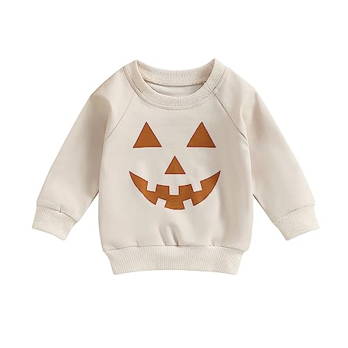 Engofs Toddler Baby Boy Girl Halloween Outfit Pumpkin Letter Print Crewneck Sweatshirt Pullover Tops Fall Winter Clothes Khaki 6-12 Months