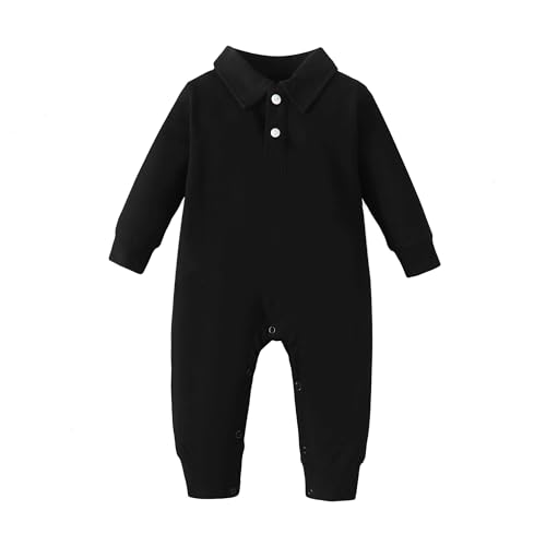 DEFAHN Baby Boy Polo Romper Long Sleeve Solid Bodysuit Jumpsuit Collared Onsies Pique Infant One-Piece Outfit (Black Long Sleeve, 0-3 Months)