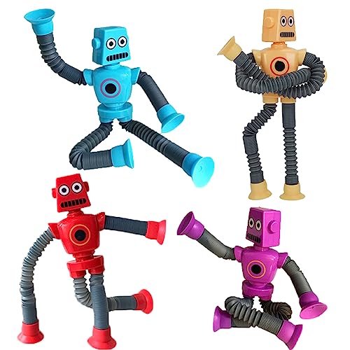 SYSAMA 4 Pcs Telescopic Suction Cup Robot Toy, Coolest Pop Tubes Sensory Toys for Toddlers, Educational Fidget Toys Robot Party Favors for Anxiety Kids for 3-9 Year Old Boys Girls