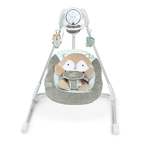 Ingenuity InLighten 5-Speed Baby Swing – Swivel Infant Seat, 5 Point Safety Harness, Nature Sounds, Lights – Kitt Fox