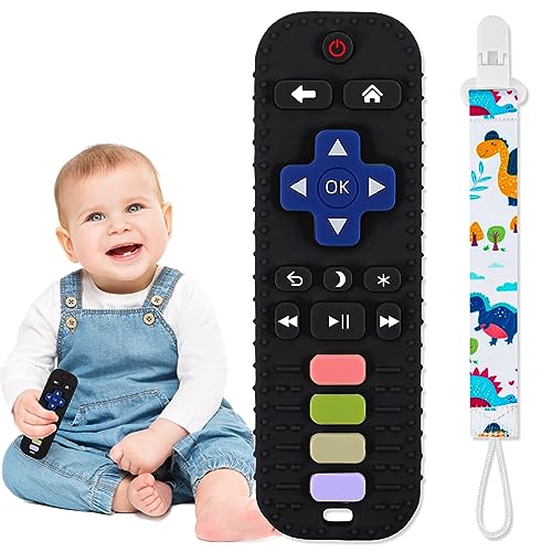 Jkevow Baby Teething Toys, Silicone Teethers Toys for Babies 0-24 Months, Remote Control Shape Baby Teethers Chew Toys, BPA Free Freezable Relief Molars Gums Pain (Black)