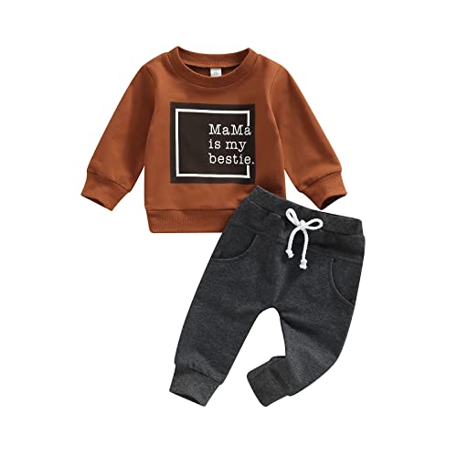 Toddler Baby Boy Clothes Solid Color Long Sleeve Crewneck Sweatshirt Top Casual Pants Set 2Pcs Fall Winter Outfits (Mama is My Bestie- Brown & Grey, 0-6 Months)