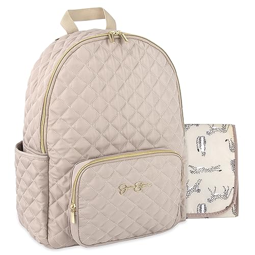 Jessica Simpson Khaki Quilted Diaper Bag Backpack with Insulated Pockets, Portable Changing Pad, Stroller Straps, Fanny Pack (Camille (No Fanny Pack))