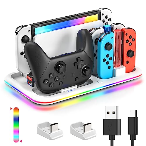 RGB Switch Controller Charger for Nintendo Switch & OLED Model with Led Light, Charger for Joycon and Switch Pro Controller, Switch Charging Station Dock Organizer with 8 Game Slots & USB Cables