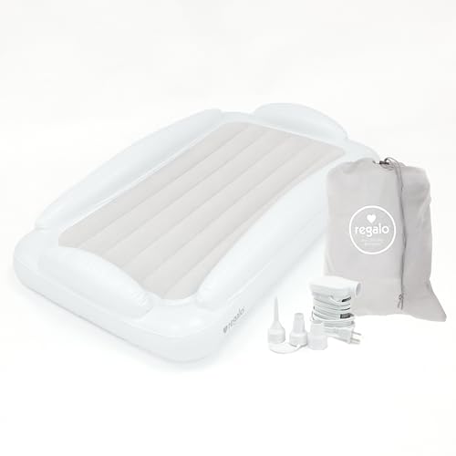 Regalo Inflatable Toddler Travel Bed with 4-Sided Bed Bumpers and Handles, Award Winning Brand, Portable Toddler Air Mattress for Kids, Air Pump and Carry Bag Included, White and Gray