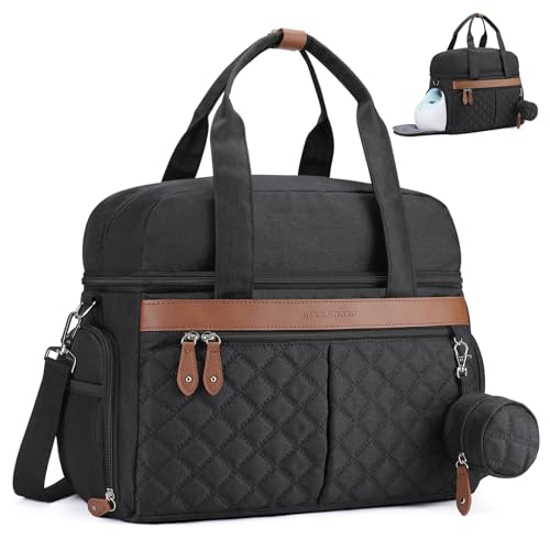 Breast Pump Bag, Diaper Bag Tote with 4 Cooler Pockets, Double-Layer Work Bag for Breastfeeding Mom fit 15” Laptop
