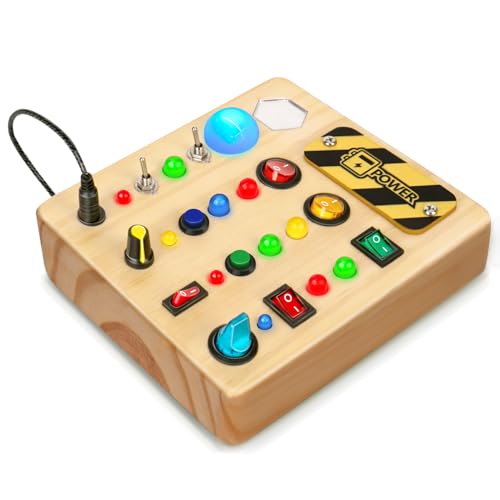 TINTECUSA Busy Board Montessori Toys for Toddler, Wooden Sensory Board Switch Toy with Shape Sorter LED Light Up Toys Educational Plane Travel Activity for 1-6 Year Old Girls & Boys Gifts