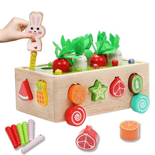 Montessori Wooden Educational Toys for 1 2 3 4 Year Old Baby Boys Girls, Wood Carrot Harvest Orchard Car Shape Sorting Toys 1st Birthday Gifts for Kids Toddlers, Preschool Learning Fine Motor Skills