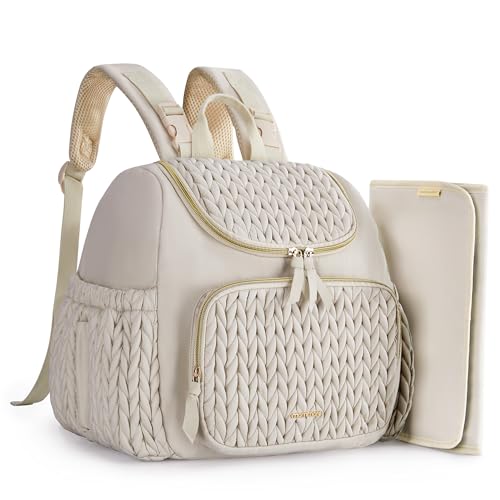 mommore Diaper Bag Small Diaper Backpack Stylish Baby Newborn Travel Backpacks with Insulated Pockets, Changing Pad, Stroller Straps (Light Cream, Small)