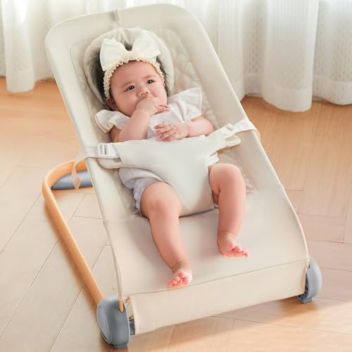 Fodoss Baby Bouncer – Ergonomic Design Baby Bouncer Seat for Infants, Portable Baby Bouncer Seat, Bouncer for Babies 0-12 Months, Beige