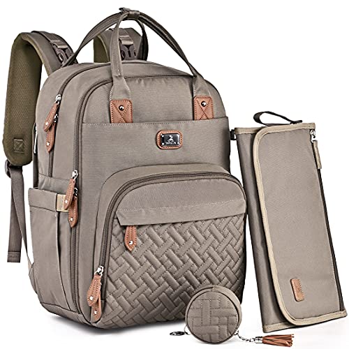 Dikaslon Diaper Bag Backpack with Portable Changing Pad, Pacifier Case and Stroller Straps, Large Unisex Baby Bags for Boys Girls, Multipurpose Travel Back Pack for Moms Dads, Khaki