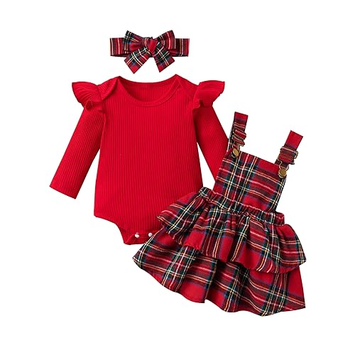 Newborn Christmas Outfit Baby Girl Plaid Romper Dress Infant Ruffle Long Sleeve Ribbed Bodysuit Headband Clothes (Red Plaid Skirt, 12-18 Months)