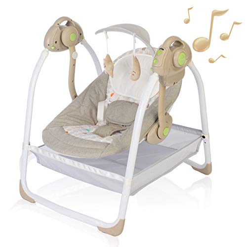 Baby Swings for Infants to Toddler-Compact Baby Swing with 6 Motions-Portable Swing with Music,Sounds,Timing, Baby Rocker with 2 Toys, Plsuh Seat & Soft Head Support, Machine Washable Fabric (Khaki)