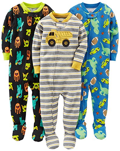 Simple Joys by Carter’s Baby Boys’ Snug-Fit Footed Cotton Pajamas, Pack of 3, Black Monster/Blue Dinosaur/Grey Stripe, 12 Months