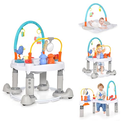 INFANS Baby Bouncer Activity Center, 5 in 1 Toddler Bouncing Activity Saucer Playtime Mat Activity Table with 360°Rotating Seat, 3 Adjustable Height, Foldable Exersaucer Learning Walker