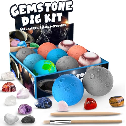 Gemstone Dig Kit, Solar System Space Toys Excavate 18 Real Gems from 9 Planets Easter Egg Toys for Kids 6-12, STEM Educational Science Kits, Archaelogy Geology Christmas Birthday Gift for Boys Girls