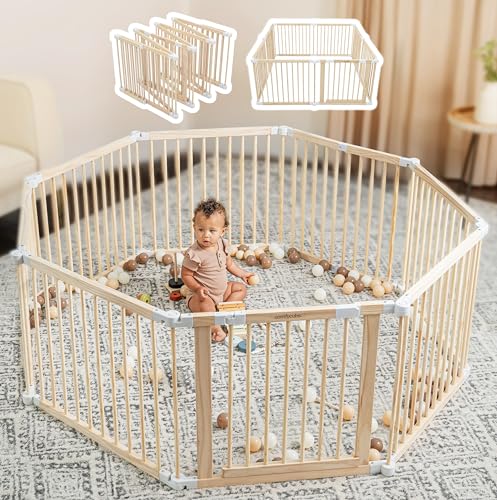 Baby Playpen & Baby Gate for Toddler and Babies, Foldable Wooden Large Shape & Size Adjustable Playard, Play Fence with Locking Gate Activity Center, Toddler Fence Play Area Indoor by Comfy Cubs