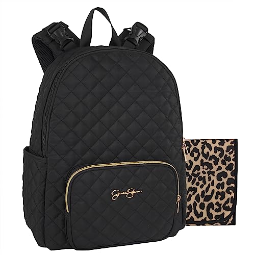 Jessica Simpson Black Quilted Diaper Bag Backpack 2 Piece Set with Insulated Pockets, Stroller Straps, Portable Changing Pad (Camille (No Fanny Pack))