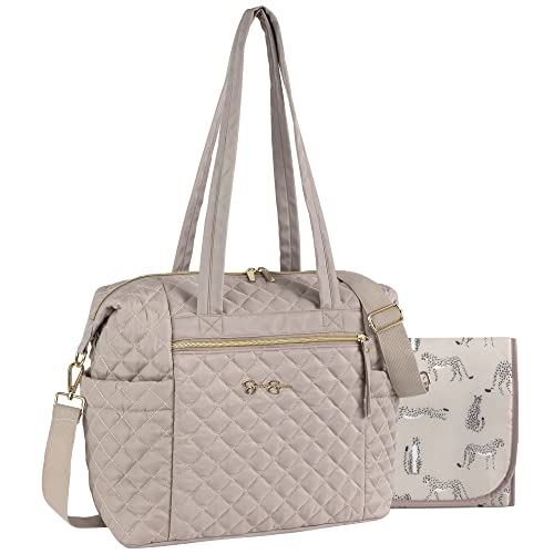 Quilted Crossbody Diaper Bag Tote Purse Set for Baby Girl, Baby Boy with Changing Pad, Insulated Compartment (Taupe)