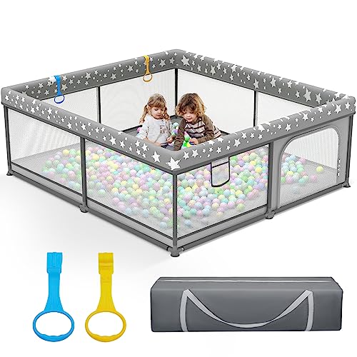 Palopalo Baby Playpen 71″x59″, Extra Large Baby Play Pen with Gate & 8 Suction Cup Bases, Sturdy Baby Activity Center with All Wrapped Cushion, Soft Mesh Playard for Babies and Toddlers, Gray Star