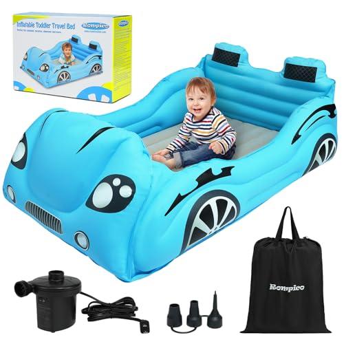 ROMPICO Inflatable Toddler Travel Bed with Safety Bumper,Portable Racecar Toddler Bed Air Mattress with 4 Sides for Kids, Ideal for Vacation,Camping and Sleepover (Regular, Blue)