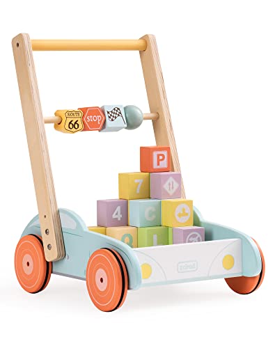 ROBUD Wooden Baby Walker Baby Push Walkers Toy w/Resistance Adjustable Building Blocks Learning Walker for Baby 10-24 Months