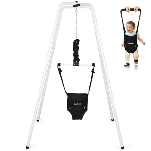 Cowiewie 2 in 1 Baby Jumper with Strong Support Stand, w/Walking Harness Function, Baby Exerciser Quick-Fold and Storage, White+Black