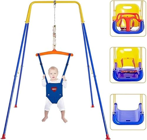 HHNAEJX 4-in-1 Toddler Swing Set and Baby Jumper, Baby Swing Stand Indoor/Outdoor Play,Anti-Flip Snug & Easy to Assemble Infants to Teens Kids Swing Seat for Playground (Blue) (Navyblue)