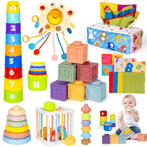 GJOF2YK 6 in 1 Montessori Toys for Babies 6–12 Months Stacking Block Soft Infant Ring Shape Learning Sensory Bin Pull String Teething Toy Tissue Box for Toddlers 1 2 3 Year Old Boy Girl Gift