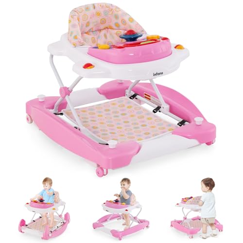 INFANS Baby Walker, 5 in 1 Behind Walker Learning Seated Rocker Bouncer with Removable Music Tray, Adjustable Height and Speed, Washable Seat Cushion, Foldable Activity Center for Toddlers (Pink)