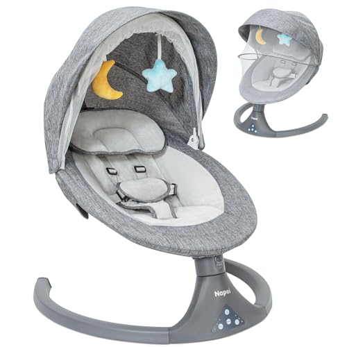 Napei Baby Swings for Infants, Bluetooth Baby Swing with 10 Preset Lullabies, 5 Speeds and Remote Control，5 Point Harness Belt – Portable Baby Swing and Bouncer for Indoor and Outdoor