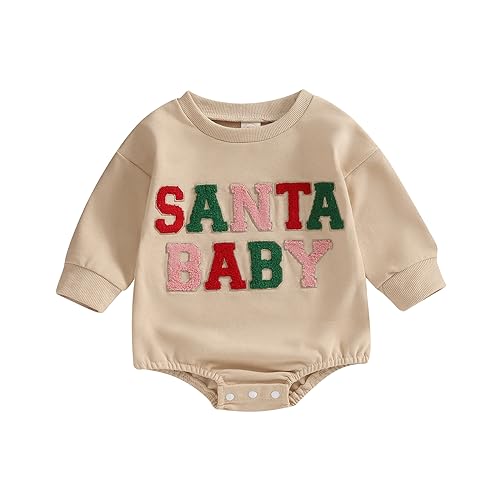 Lucikamy Baby Girl Boy Christmas Clothes Letter Print Sweatshirt Romper Infant Long Sleeve Bubble Onesie Fall Winter Outfits (Beige 12, 6-12 Months)