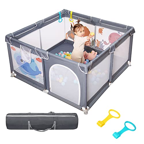 Baby Playpen, 50″x50″Extra Large Baby Playard, Playpen for Babies with Gate, Indoor & Outdoor Kid Activity Center with Anti-Slip Base, Sturdy Safety Playpen with Soft Mesh, Playpen for Toddlers(Gray)