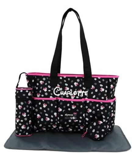 Disney Personalized Diaper Bag Character MICKEY MINNIE and MORE Multi-Pocket Functional Baby Diaper Bag Backpacks (Personalized Minnie Pink and Black Diaper Bag)