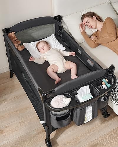 AirClub Baby 4 in 1 Bassinet Bedside Sleeper, Baby Bedside Crib Sleeper, Playard, Portable Diaper Changing Table, Baby Bassinet for Newborn Baby