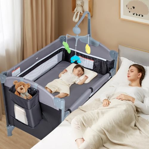 ANNA QUEEN 5-in-1 Pack and Play Bedside Bassinet for Baby Multifunction Bedside Crib Portable Baby Playard for Newborn Toddlers Playpen Travel Bed with Storage