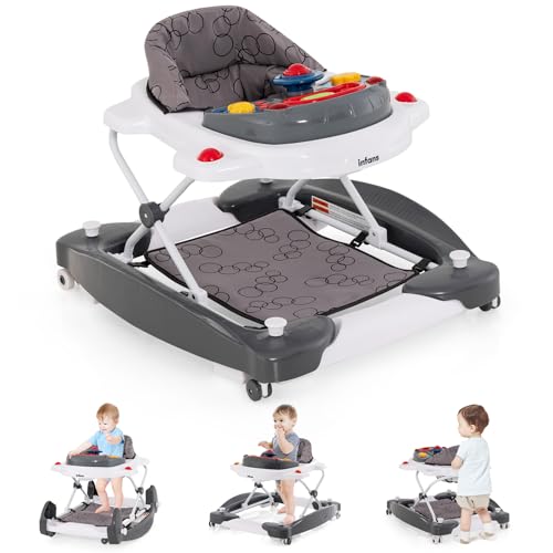 INFANS Baby Walker, 5 in 1 Behind Walker Learning Seated Rocker Bouncer with Removable Music Tray, Adjustable Height and Speed, Washable Seat Cushion, Foldable Activity Center for Toddlers (Grey)