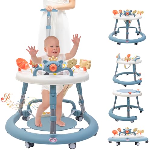 4 in 1 Baby Walker, Baby Walker with Wheels & 4 Heights Adjustable, Foldable Baby Walker Include Musical Toy Tray and PVC Pedals, Baby Walkers for Babies 6-18 Months Green