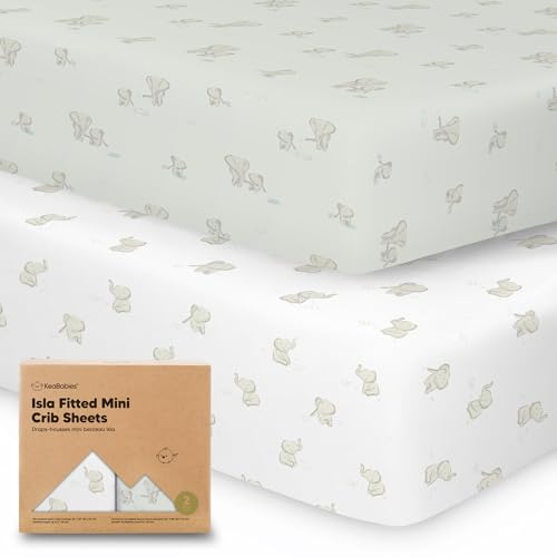 Pack and Play Sheets Fitted, 2-Pack Mini Crib Sheets – Pack N Play Sheets, Organic Fitted Crib Sheet for Pack and Play Mattress, Playard Baby Crib Sheets, Crib Sheets Neutral for Boys, Girls (Elly)