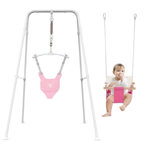 2 in 1 Baby Jumper & Swing, Baby Jumper for Indoor and Outdoor Use, Baby Swing with Foldable Stand, Stable Toddler Swing Set (Pink)