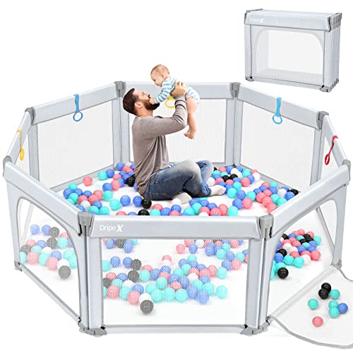 Dripex Foldable Baby Playpen, 71″x71″ Large Foldable Playpen for Babies and Toddlers, Baby Gate Playpen with 5 Handlers, Visible Play Yard for Baby, Indoor & Outdoor Toddler Playpen, Grey