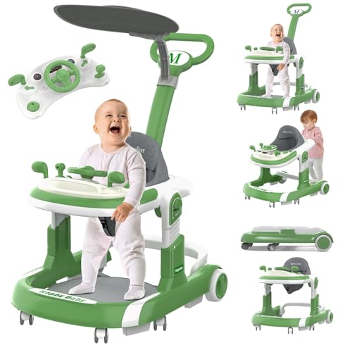 Baby Walker, 5-in-1 Foldable Baby Walker with Wheels, Music, 4-Height Baby Toddler Walker with Push Handle, Baby Bouncer, Food Tray, Sunshade, Baby Walkers for Babies 6-12 Months Boys (Green)