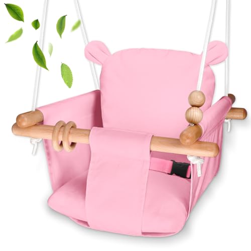 Baby Swing Outdoor – Secure Canvas and Wooden Indoor Baby Swing Seat – Toddler Swing Infant Swing Outdoor with Safety Belt, Hanging Swing Chair for Baby Boys Girls (Pink)