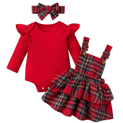 Mubineo Baby Girl Christmas Clothes Plaid Outfits Long Sleeve Romper Overall Skirt Dress Cute Newborn Outfit (Red Green Plaid, 0-3 Months)