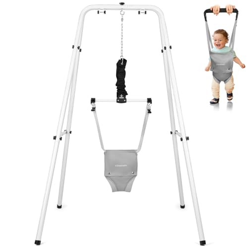 Cowiewie Baby Jumper with Stand, w/Walking Harness Function, for Infant 6-12 Months, Strong Support Stand for Small Spaces, White+Gray