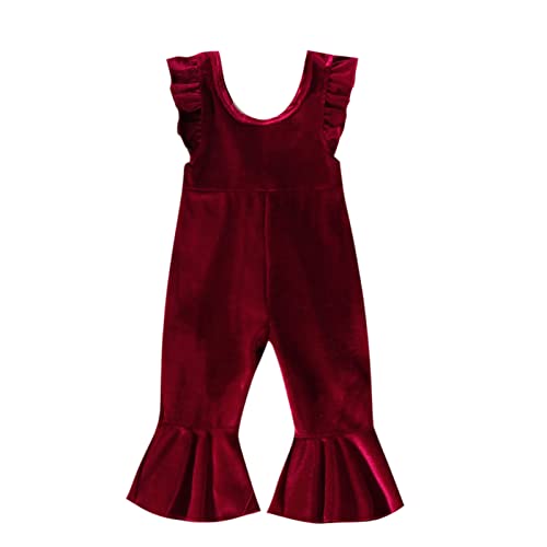 YOKJZJD Infant Toddler Baby Girl Velvet Romper Jumpsuit Overalls Bell Bottom Pants Fall Suspender Leggings Christmas Outfits (A-Wine Red, 3-4T)