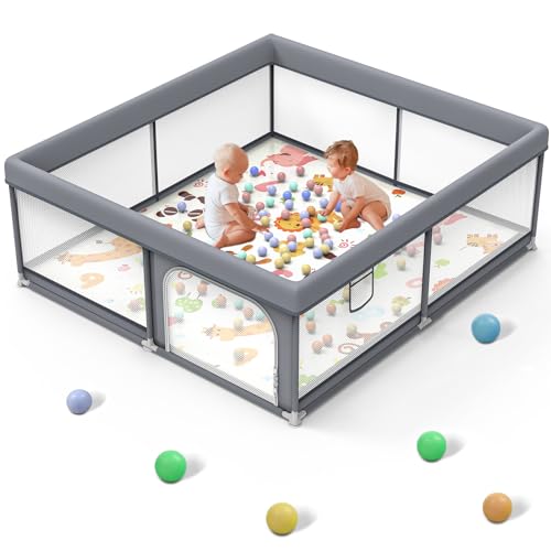 JIKPO Large Baby Playpen, Sturdy Safety Baby Playard for Babies and Toddlers, Wrap Around Cushion Design and Soft Breathable Mesh Play Pen, Baby Activity Center with 8 Suction Cup Bases (50″x50″)