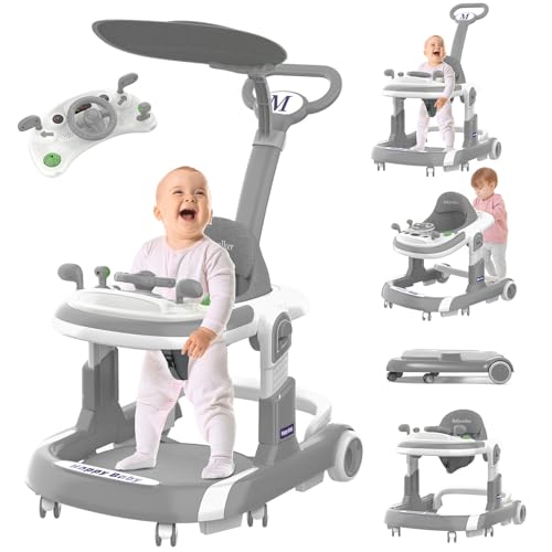 Baby Walker, 5-in-1 Foldable Baby Walker with Wheels, Music, 4-Height Baby Toddler Walker with Push Handle, Baby Bouncer, Food Tray, Sunshade, Baby Walkers for Babies 6-12 Months Boys Girls (Grey)