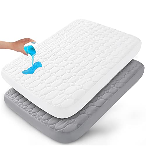 Pack and Play Sheets Fitted Quilted Waterproof Protector, 2 Pack Playard Mattress Pad Compatible with Graco Pack n Play, Mattress Cover fits for Baby Playpen Mattress, Mini Crib, Gray & White