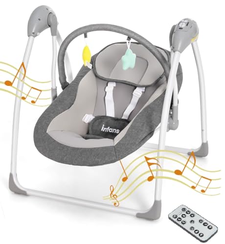 INFANS Baby Swing for Infants, Compact Portable Baby Electric Rocker for Newborn with 5 Speed Natural Sway Music Timing 2 Toys Remote Control, Easy Fold, 0-6 Months Boy Girl (Grey)